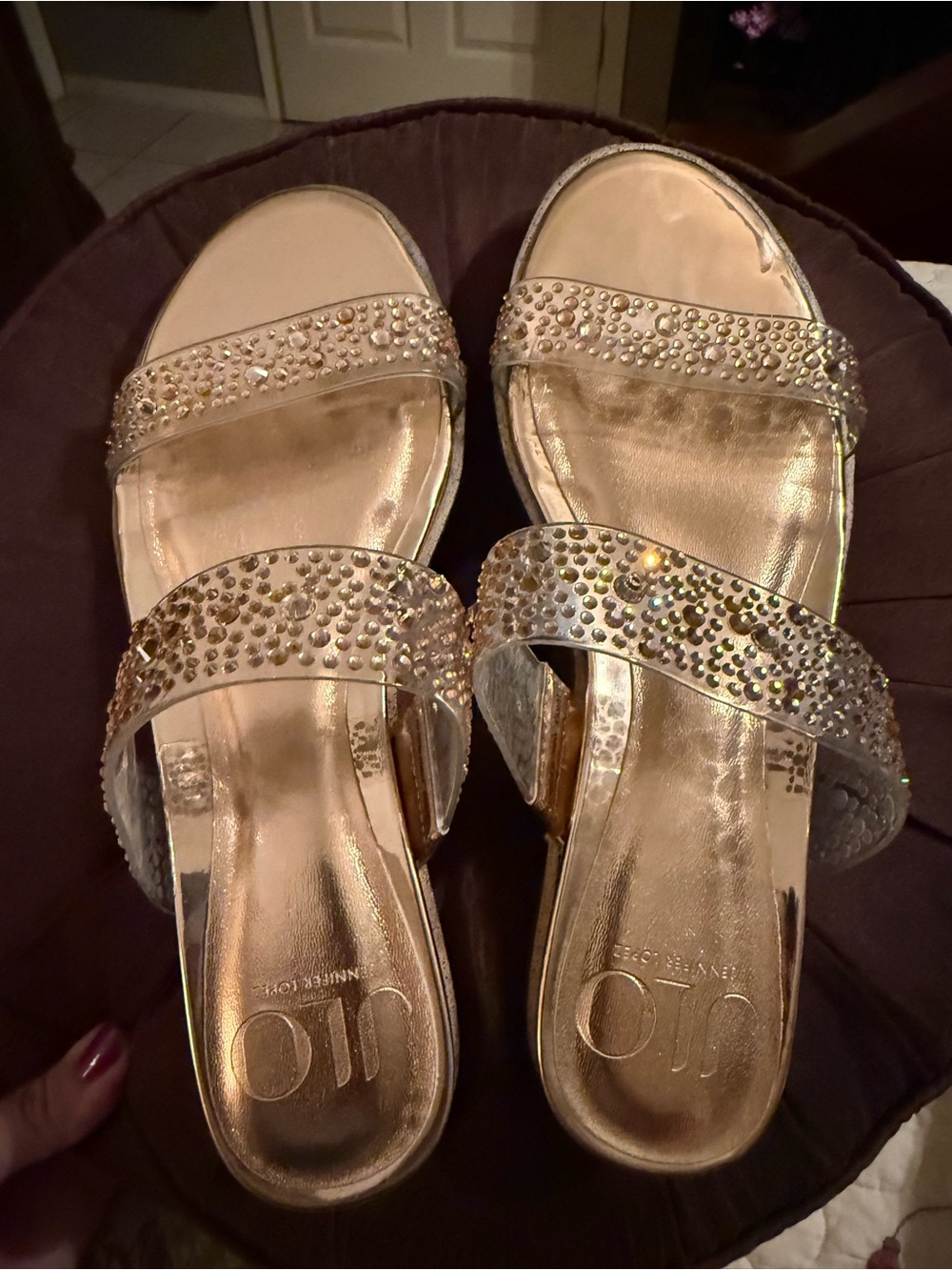 Jennifer Lopez Gold Crystal Two-Strap Slide Sandals